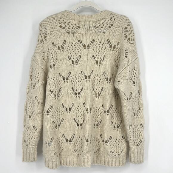 American Eagle Pom Pom Open Knit Sweater Cream XS Cozy Crew Coastal Preppy Boho - Picture 2 of 9